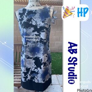 AB Studio Abstract Watercolor of Blue Gray & Black Shift Sheath dress Sz 8